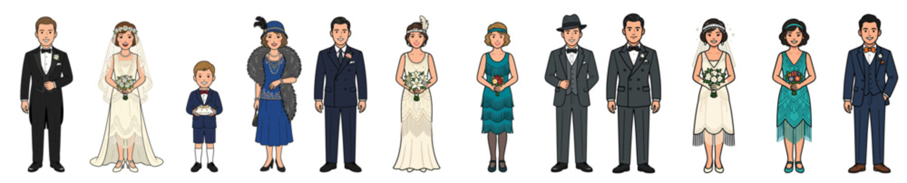 A diverse group of men, women, and a child dressed in formal attire, reminiscent of the 1920s era, posing for a photograph.