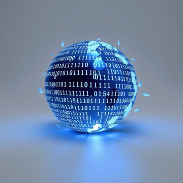 Globe covered in binary code. Digital world concept. Bright blue light reflects off surface, creating futuristic feel.