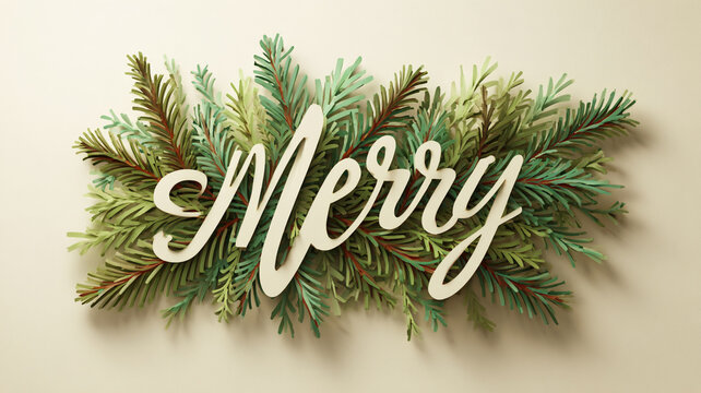 Cut-paper pine branches framing soft Merry script isolated on plain background