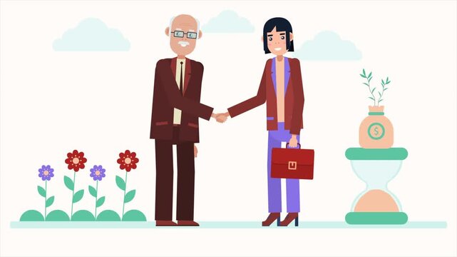 Professional business partners shake hands in this colorful flat vector animation motion graphic video clip