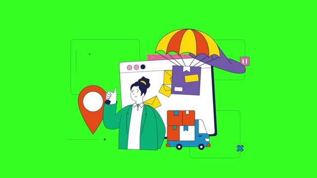 Animated delivery woman manages logistics software platform with parachute packages in this vibrant motion graphics video