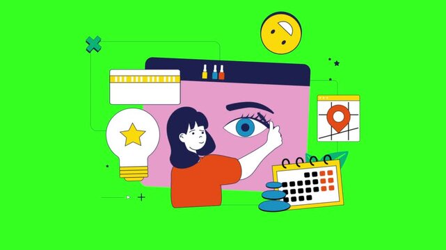 Animated woman applying mascara to a giant digital eye in this colorful motion graphics video