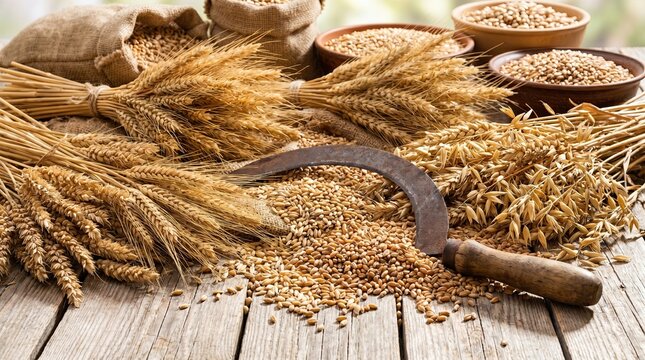 Harvested wheat grains and sheaves with sickle on wooden table outdoors