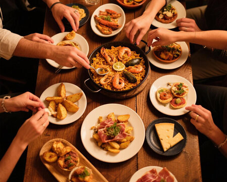 Top View of Friends Sharing Authentic Spanish Seafood Paella and Tapas Dinner at Wooden Table