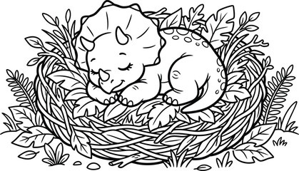 Sleeping dinosaur coloring pages cute triceratops in foliage for kids adults © MDSUHAN