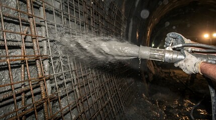 Fototapeta premium Industrial shotcrete application in tunnel construction, worker spraying liquid concrete on steel reinforcement, underground civil engineering project