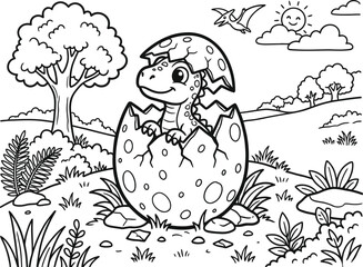 Dinosaur hatching from egg coloring pages for kids and toddlers © MDSUHAN