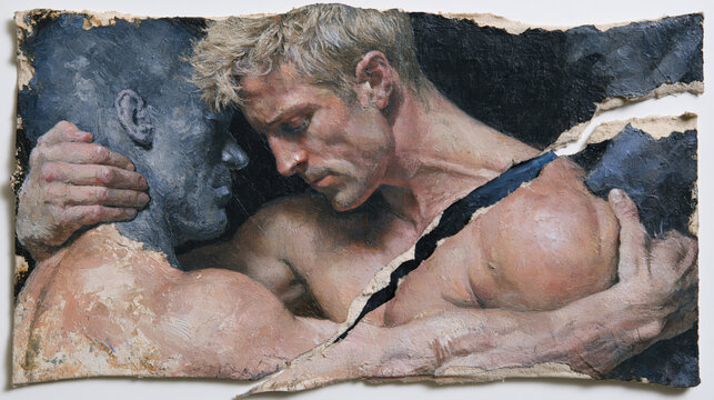 Muscular man caught in smoky headlock allegorizing anxiety in collage artwork