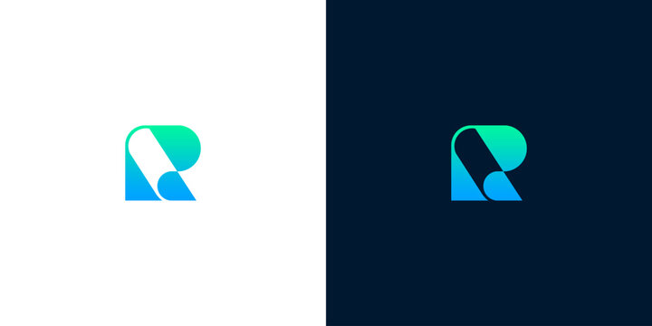 Modern letter R logo design with blue and green gradients for corporate branding and technology identity on light and dark backgrounds