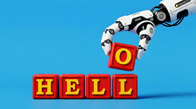 Robot arm placing red block with yellow letter O onto blocks spelling H E L hand technology