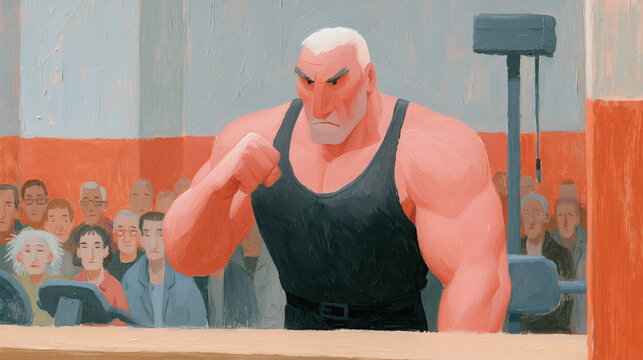 Bold red muscular figure confronts empty air as indifferent crowd looks away