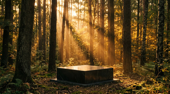 Empty black marble square podium mockup in morning pine forest with sunbeams, cube stone display stage background for product showcase, golden hour woods concept template