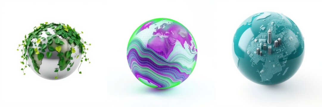 Three spherical representations. Green foliage covers first globe, purple swirls second, cityscapes adorn third. Minimalist presentation, white background.