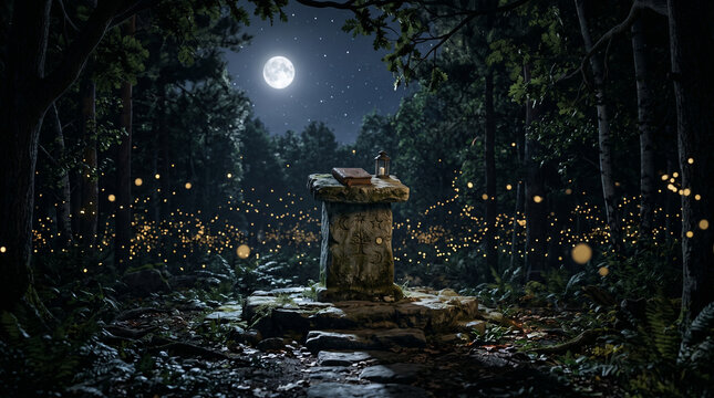 Empty ancient stone shrine podium mockup in night forest with fireflies, rock altar display stage background for product showcase, full moon woods concept template
