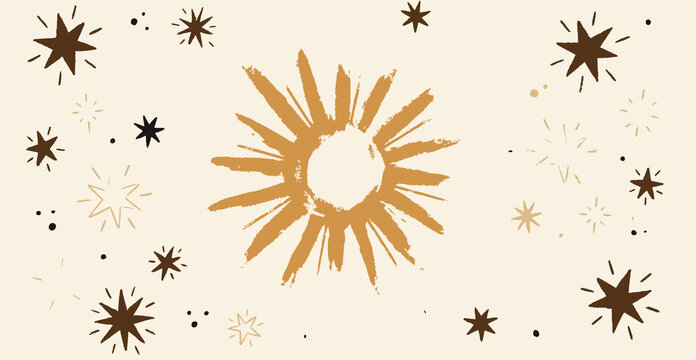 Handdrawn sun and stars celestial pattern background