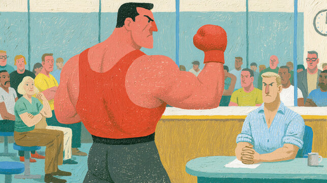 Oversized cartoon fighter squares up in a bright cafeteria amid unbothered crowd