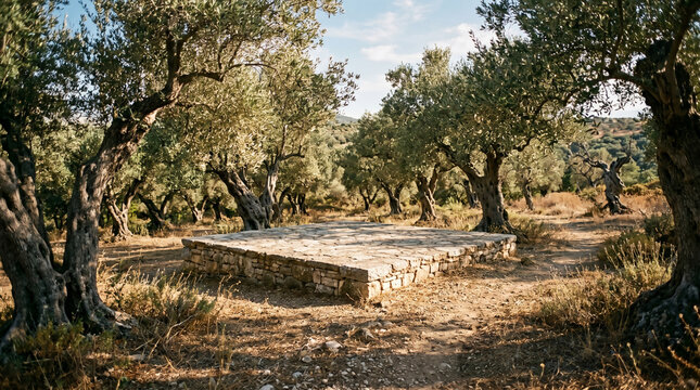 Empty square stone terrace platform mockup in old olive grove, rustic rock pedestal display stage background with sunlit olive trees for Mediterranean product showcase