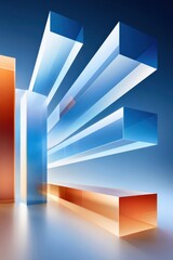 Naklejka premium Abstract 3D glass beams and geometric blocks in blue and orange futuristic composition