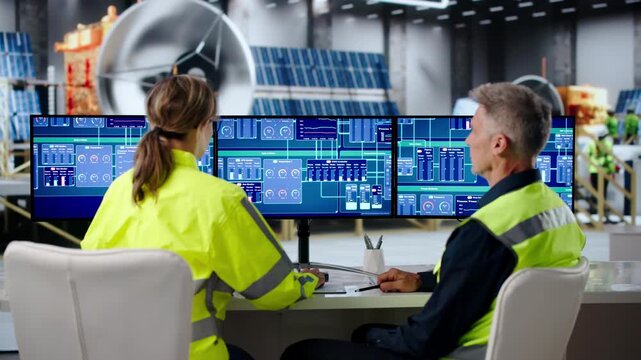 Engineers Work Together At Satellite Factory