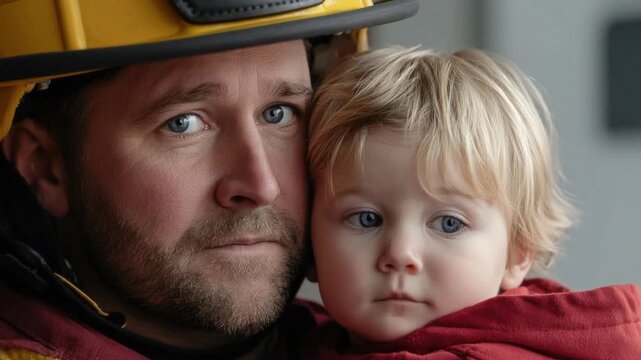Thoughtful male firefighter wearing yellow helmet holding small child with blonde hair and blue eyes indoors closeup portrait of protective father and toddler