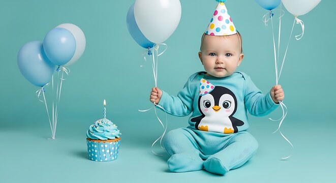 Baby wearing a penguin onesie and a party hat sits on the floor holding balloons, celebrating a first birthday with a decorated cupcake placed nearby in a festive, studio-lit nursery setting.
