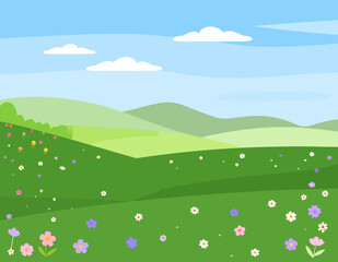 Fototapeta premium Soft rolling green hills landscape under a light blue cloudy sky. Minimalist flat vector nature illustration.