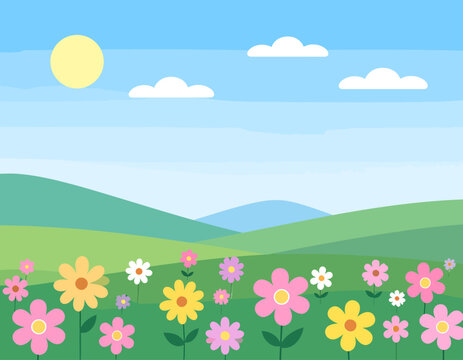 Sunny spring landscape with a colorful flower meadow and soft green rolling hills. Flat vector nature background illustration.