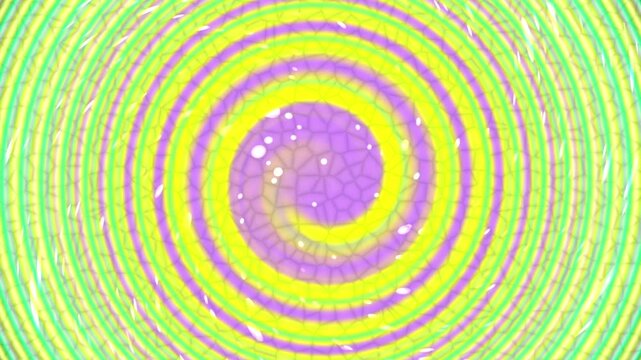 Abstract colorful spiral background with hypnotic yellow green and purple swirl pattern.