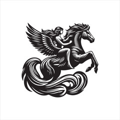 Fototapeta premium Black and white illustration of a woman riding a majestic winged horse pegasus.