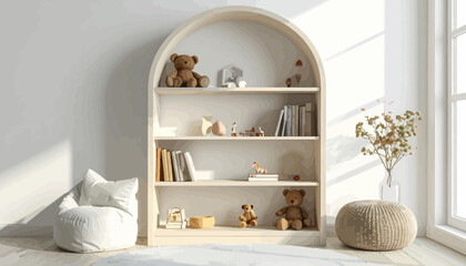 Wooden Arched Bookshelf With Toys. © Percetakan