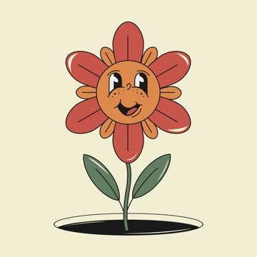 Playful Groovy Flower Art Illustration Smiling Cute Character Retro Doodle Style Soft Pastel Colors Vector