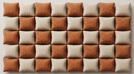 Naklejka premium Terracotta orange and cream checkered cushion texture background, tufted geometric square pillow wall panel pattern, matte fabric upholstery backdrop for boho branding
