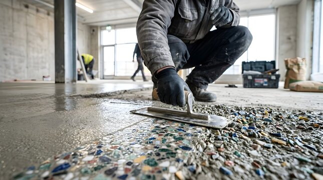 Close up of a bricklayer mason hand in safety glove using a hand trowel tool to smooth and finish a polished concrete terrazzo gravel stone floor.