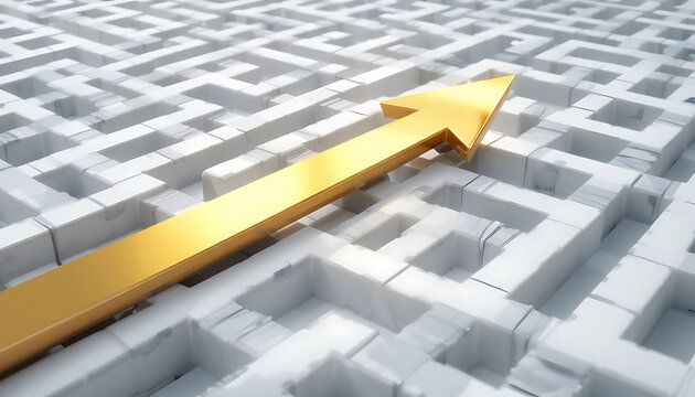 Golden arrow pointing upwards on a white maze background with a shiny metallic surface and complex pathways