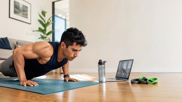 Generative AI, Focused man doing push-ups during online home workout with laptop fitness class