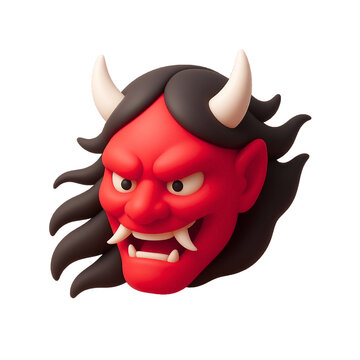 A close-up illustration of a demon mask with horns and sharp teeth