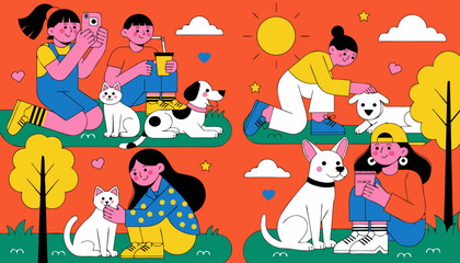 Fototapeta premium People and pets having fun together outdoors on sunny day vector graphic illustration.