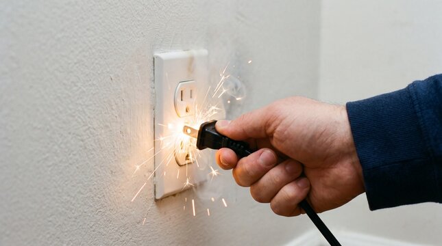 A hand inserting a faulty electrical plug into a wall socket causing dangerous sparks and smoke in a residential setting representing home safety hazards