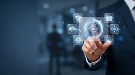 Obraz premium Businessman using artificial intelligence AI virtual interface
