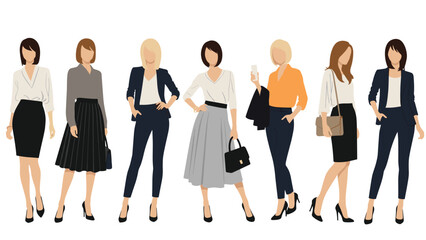 Obraz premium Collection of seven stylish women dressed in professional business attire and smart casual outfits standing in a row on white.