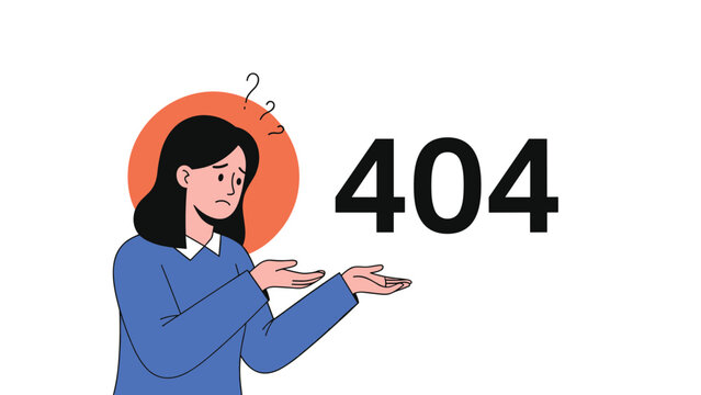 Confused woman in a blue sweater gesturing with open hands while a large 404 error message stands behind her in a flat illustration.