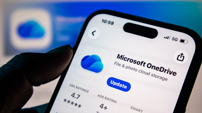 Closeup of a smartphone screen showing the microsoft onedrive app update page in the apple app store