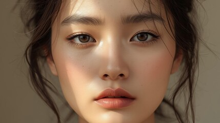 Fototapeta premium Close-up portrait of a young woman with clear skin, natural makeup, and soft lighting highlighting her delicate facial features.