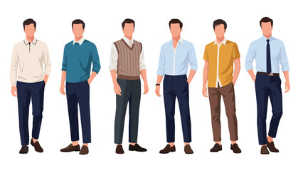 Obraz premium Line of six diverse men showing different styles of modern casual and semi-formal men's fashion in a flat design illustration.