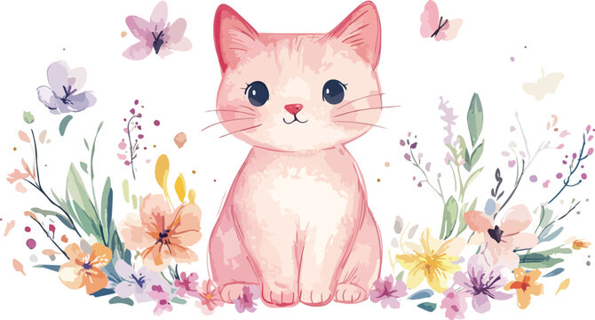 Cute white kitten with pink flowers illustration, adorable cartoon cat portrait with nature and love theme