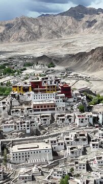 Vertical Aerial View of Spituk Monastery and Himalayan Landscape in Leh Ladakh India