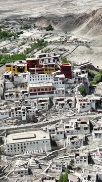 Vertical Aerial View of Spituk Monastery and Himalayan Landscape in Leh Ladakh India