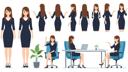 Obraz premium Character design sheet of a professional woman in a navy dress showing different poses, views, and activities like working.