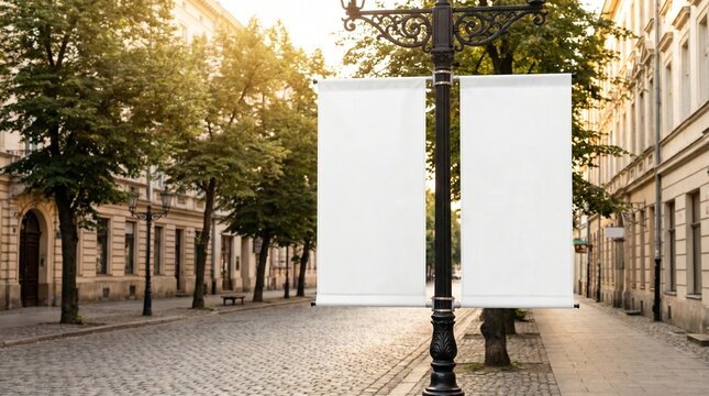Blank vertical street banner mockup on historic city lamp post