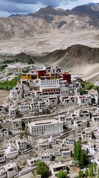 Vertical Aerial View of Spituk Monastery and Himalayan Landscape in Leh Ladakh India
